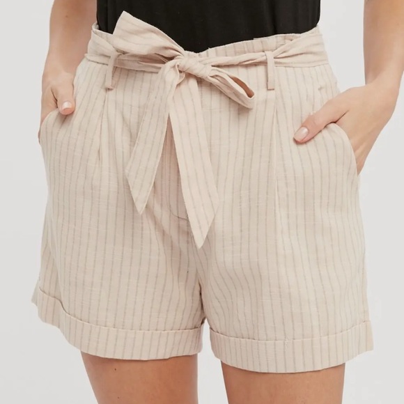 Mystree Pants - 12. Women’s Cotton Blend Stripe Short Lightweight Almond Tan Neutral Pockets NEW